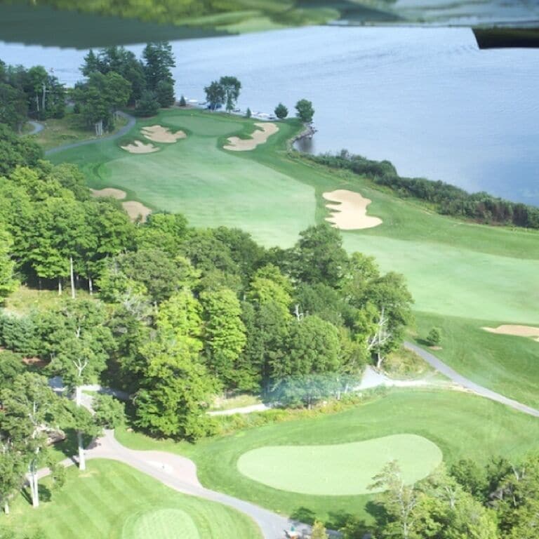 Aerial shot of the 18th par 5 on Bigwin Island. 