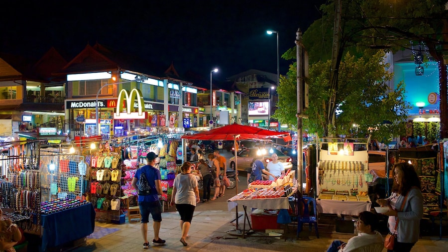 Chiang Mai Night Bazaar showing street scenes, signage and night scenes