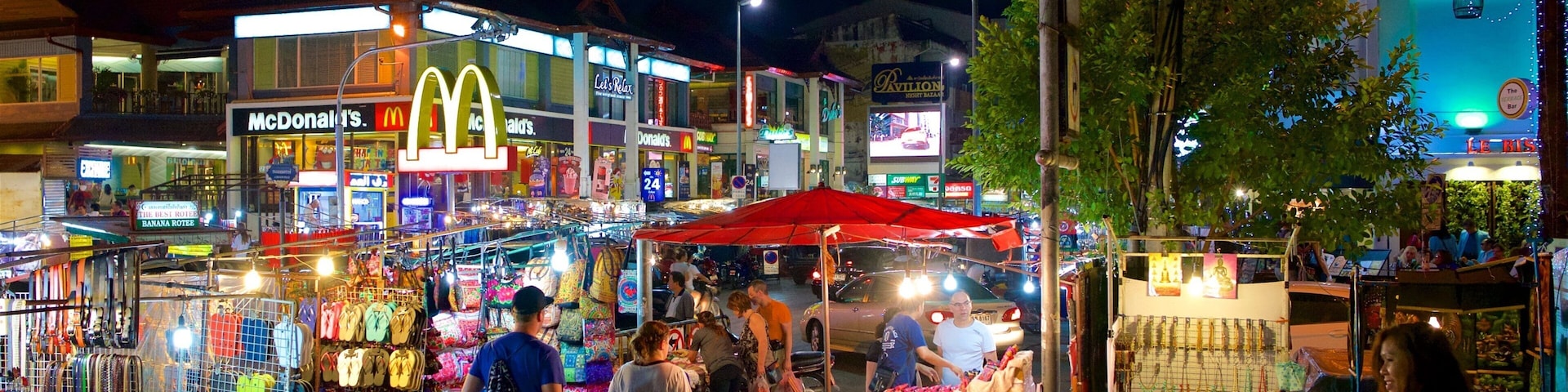 Chiang Mai Night Bazaar showing street scenes, signage and night scenes