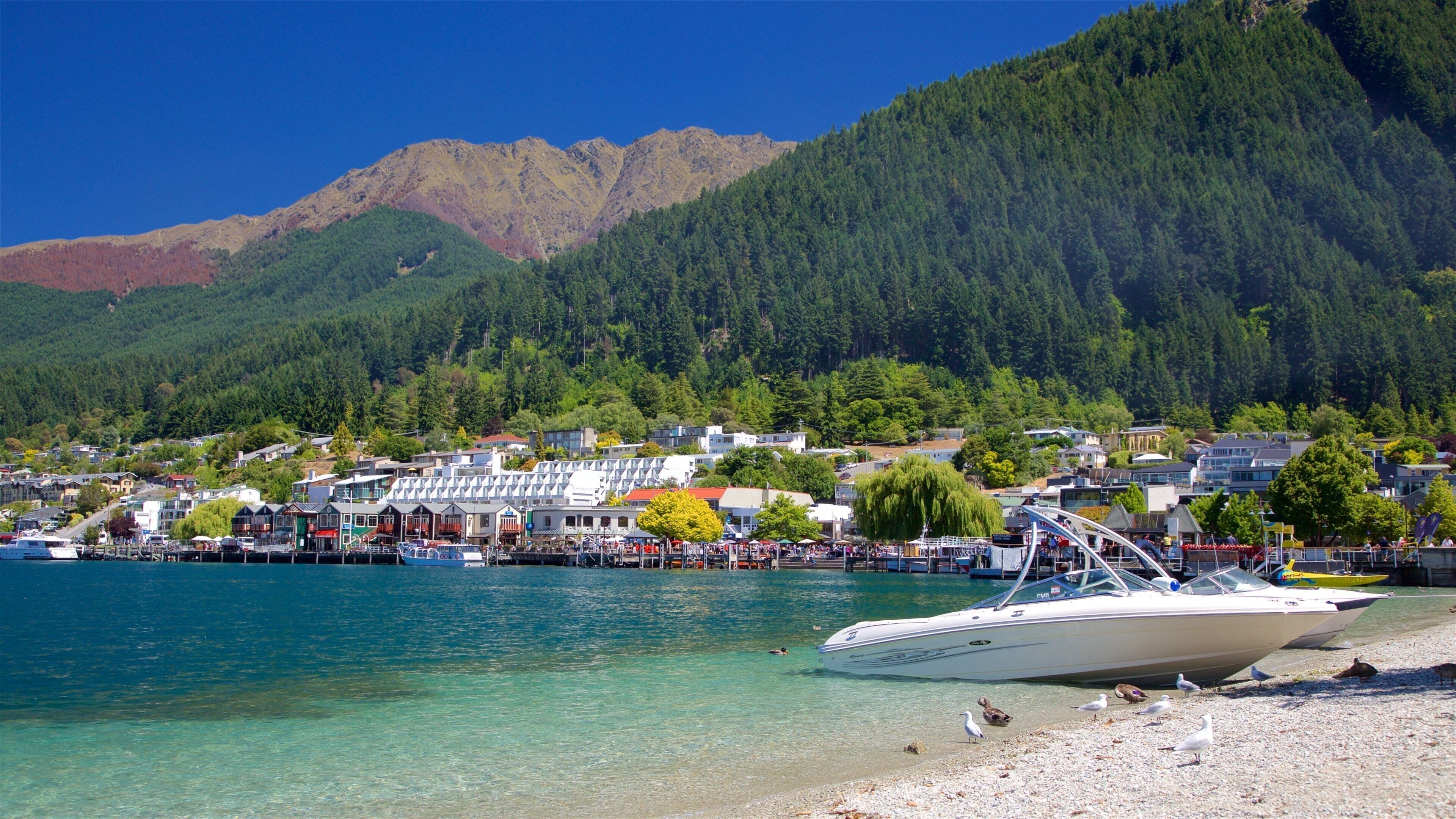 A coastal town with boats docked, clear water, and a forested mountain in the background.