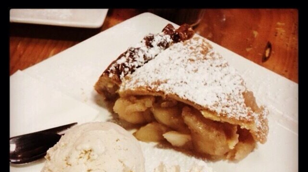 Homemade apple pie with spiced cider ice-cream. Sutton's Cider Factory is just off the highway outside of Stanthorpe with pies, preserves, cider and juice all made from the apple orchard out the back.