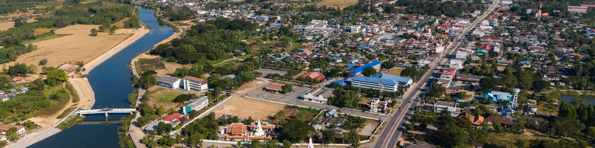 Aerial view of the downtown city of Thoeng a mountainous district in Chiang Rai province of Thailand.