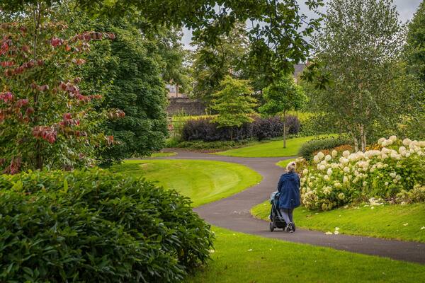 Brooke Park showing wildflowers and a garden as well as an individual femail