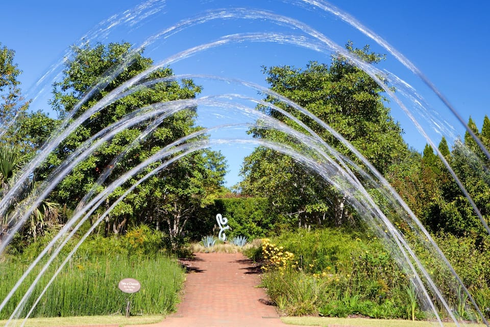 A garden with a water feature creating arches over a pathway.