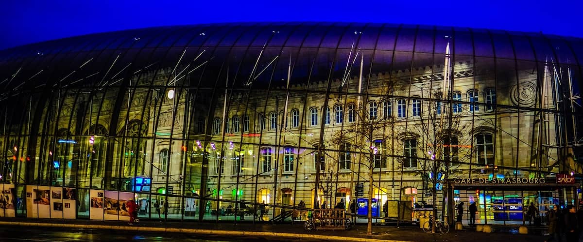 Strasbourg train station during the blue hour.  Very interesting mix of the traditional architecture and the ultra modern glass dome #TroveOnTuesday