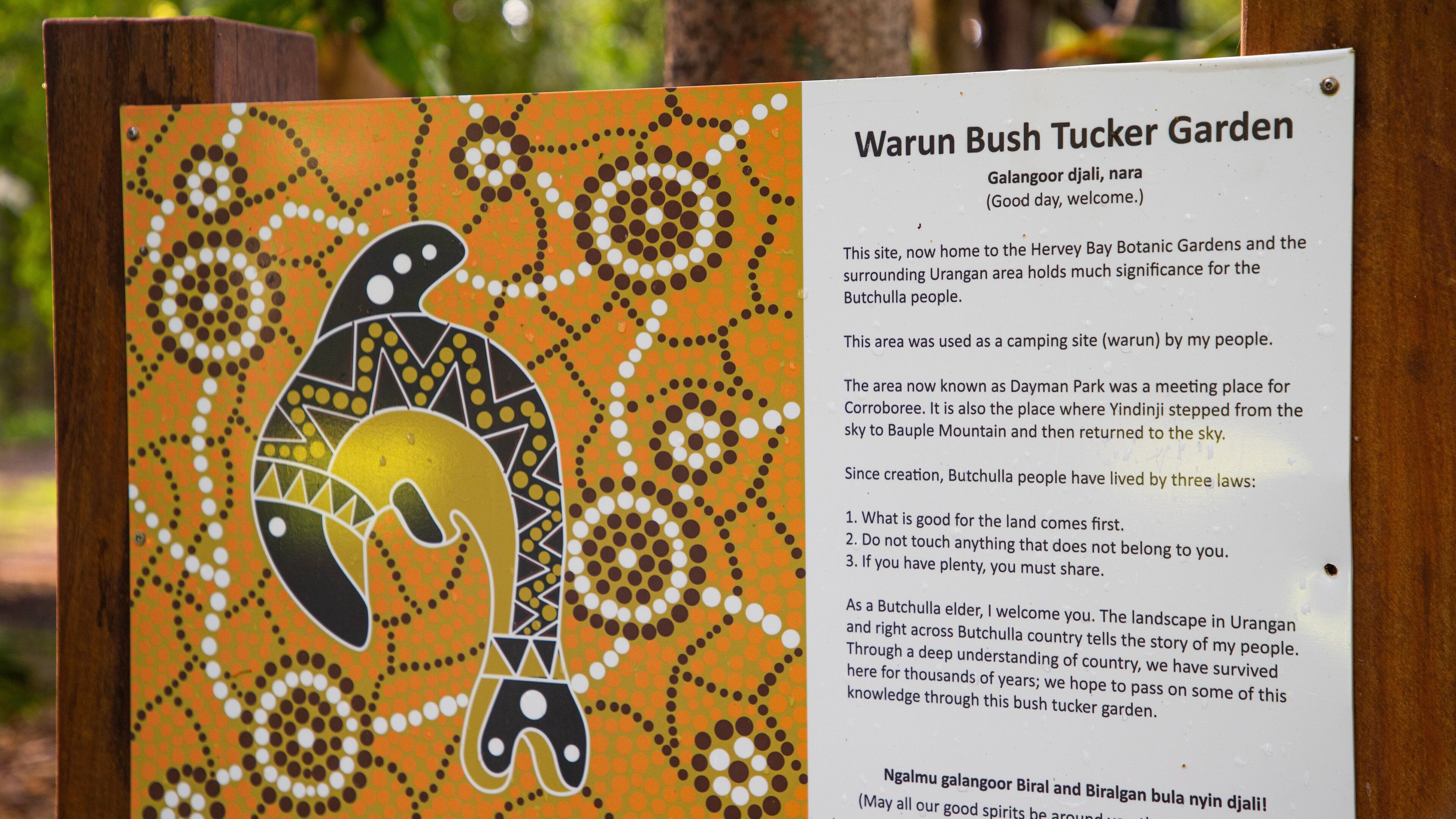 Hervey Bay Botanic Garden showing signage and indigenous culture