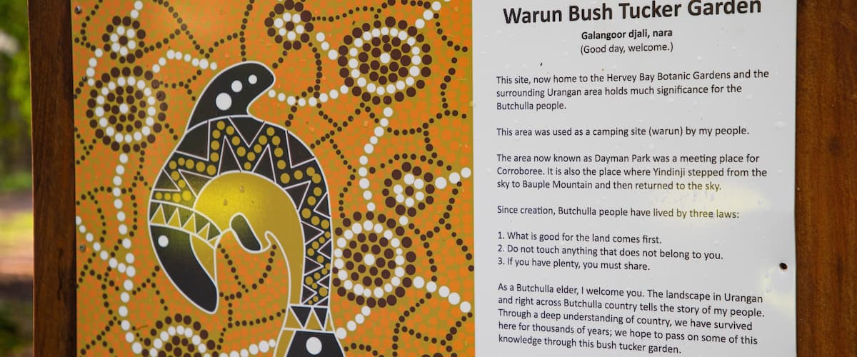 Hervey Bay Botanic Garden showing signage and indigenous culture