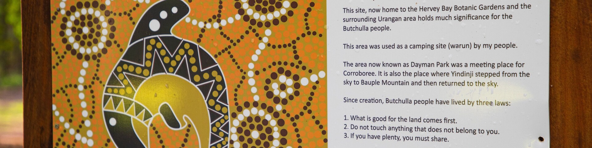 Hervey Bay Botanic Garden showing signage and indigenous culture