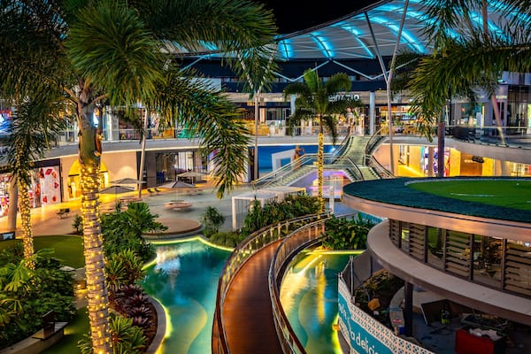 Gold Coast, Australia - Oct 4, 2022: Pacific Fair shopping centre illuminated at night