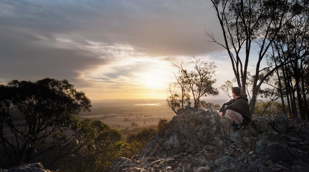 A short 10min hike from the car park and past the fire tower, brings you to a peaceful sunset vantage point overlooking the surrounds of Heathcote and Lake Eppalock in the distance. What your step as there are lots of small loose boulders. At dawn/dusk there are quite a few Kangaroos and Wallabies jumping out in front of you on the drive in also.