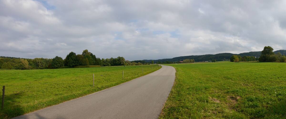 A curving country road in a green field with trees and hills in the background.