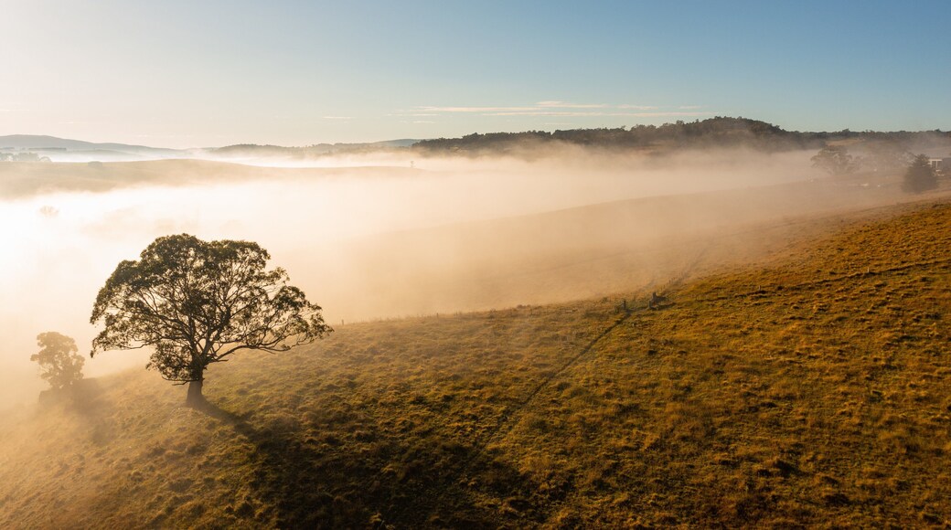Oberon which includes mist or fog, a sunset and landscape views