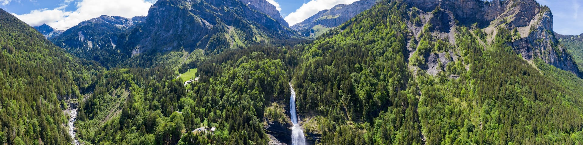 Aerial panoramic view of Cascade du Rouget (Rouget Waterfalls) in Sixt-fer-a-cheval in Haute-Savoie France