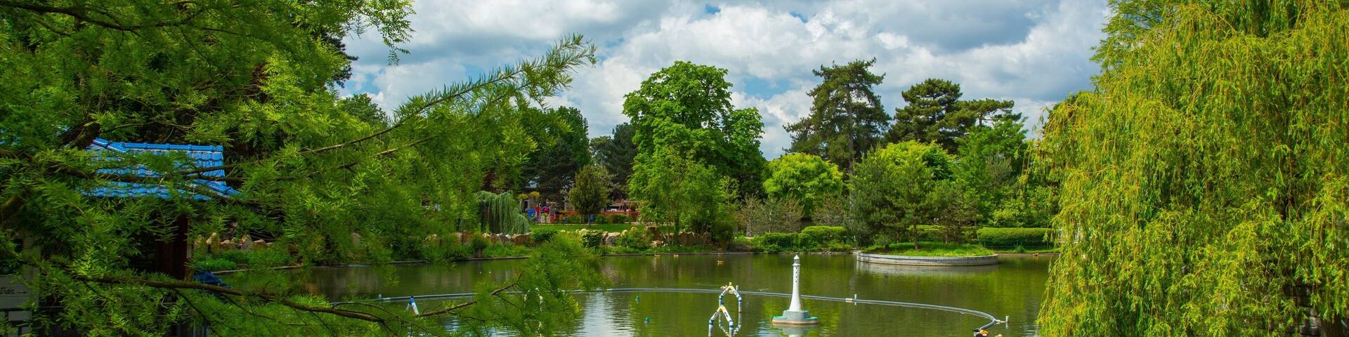 A serene pond surrounded by lush greenery and trees.