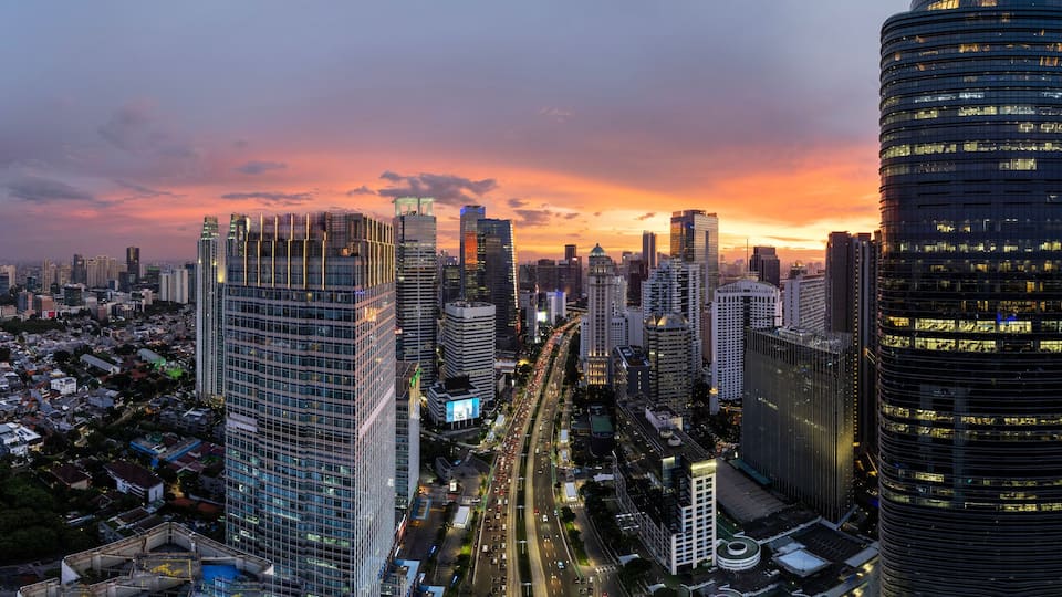 Jakarta Panoramic from Sudirman street view during the golden hour. Jakarta is capital city of indonesia before it be moved to Kalimantan.
