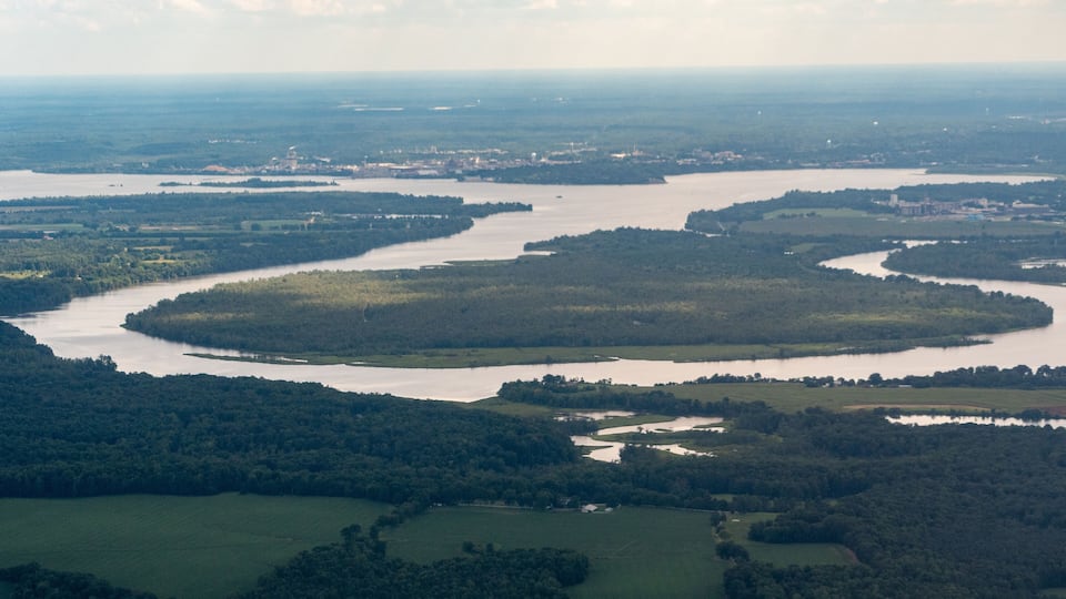 Aerial view of a bend in the James River in the Tidewater Area of Eastern, Virginia