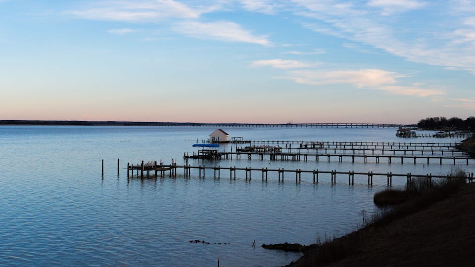 Golden hour view of dock on the Rappahannock River at Sunset
