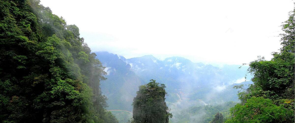 A lush valley with dense greenery and a prominent rock formation.