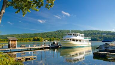A white boat named 'Esperanza Rose' docked at a pier with a forested hill in the background.