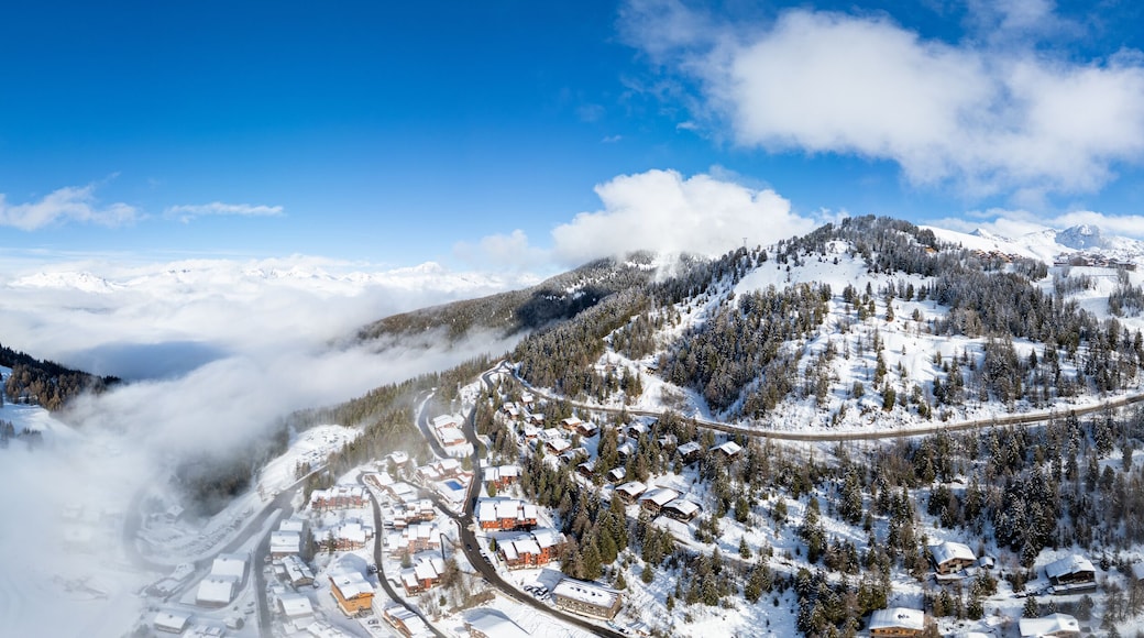 Aerial view of Skiing area of Paradiski, La Plagne, France Alpes