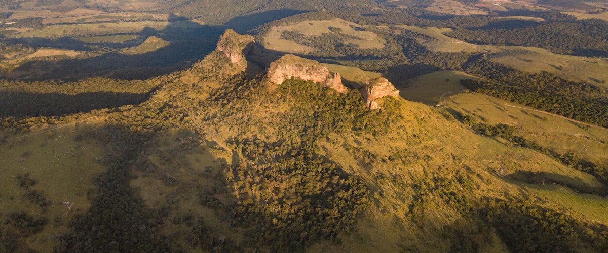 Panoramic with drone of Indian stone in the region of Botucatu. Interior of the state of São Paulo. Brazil.
