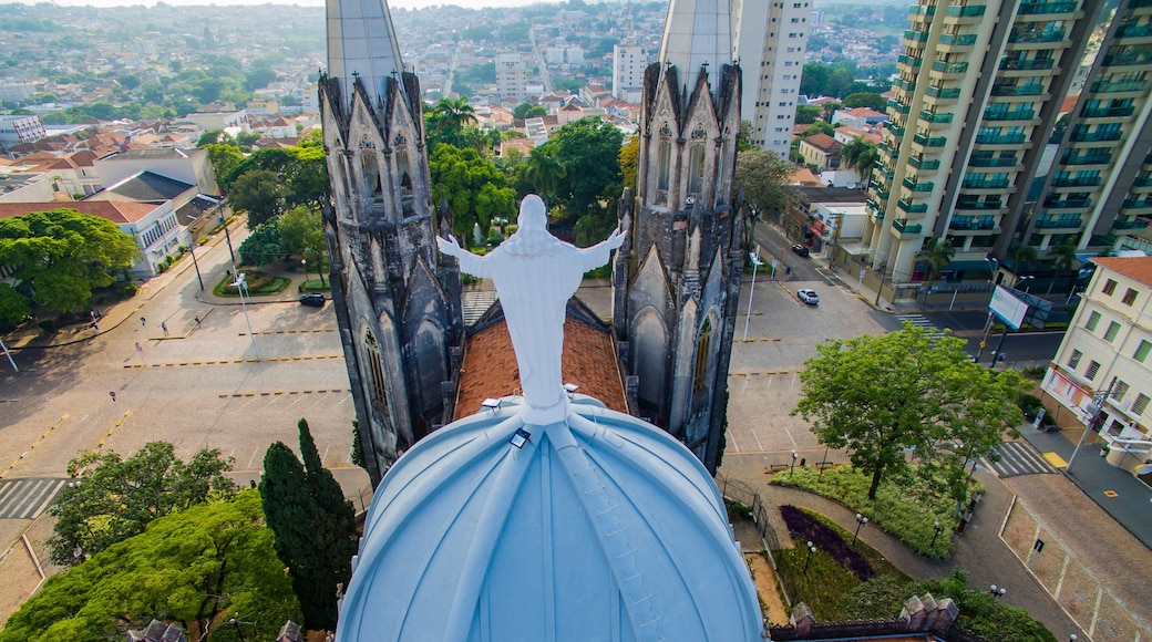 Statue of Jesus Christ on top of the Catholic Church, Cathedral of Sant'Ana, City of Botucatu, Sao Paulo State Brazil South America. Metropolitan Cathedral of Botucatu has Gothic style.