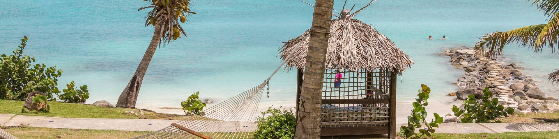 A beach with turquoise water, palm trees, a hammock, and a thatched hut.