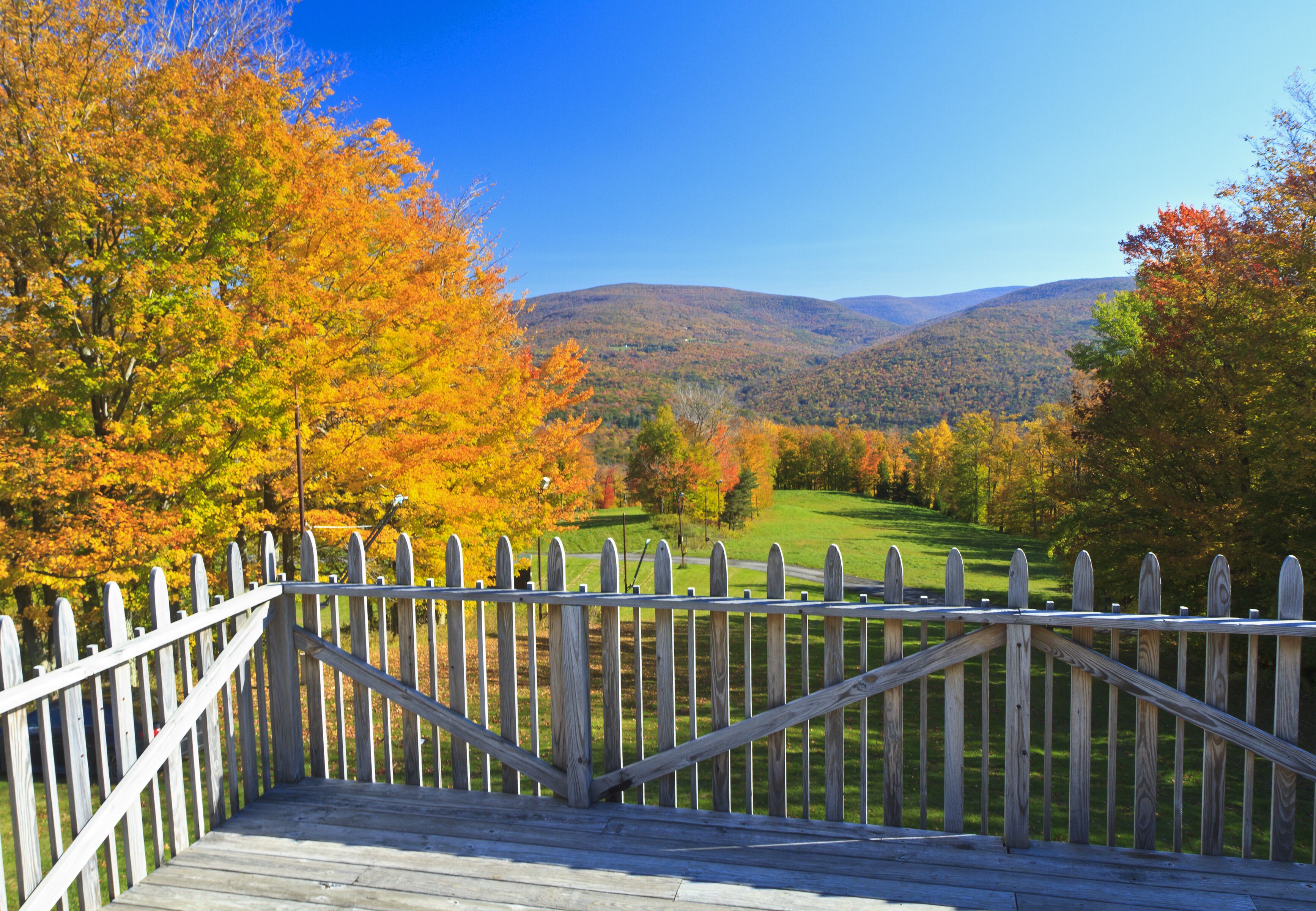 Deck overlooking a ski run at Belleayre Mountain in the Autumn in the Catskills Mountains of NY; Shutterstock ID 106254761; Purchase Order: -