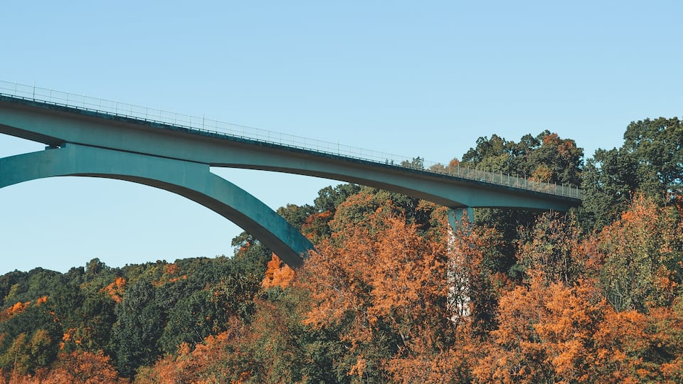 A bridge with a curved arch over a forested hillside.
