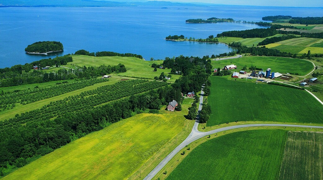 Aerial view of fields and Lake Champlain, Vermont, USA