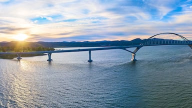 Bridge connecting New York to Vermont panoramic aerial during sunset