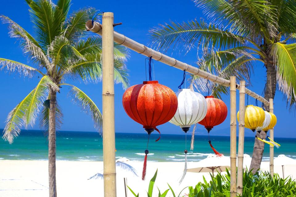 A beach with palm trees, a bamboo structure, and colorful lanterns.