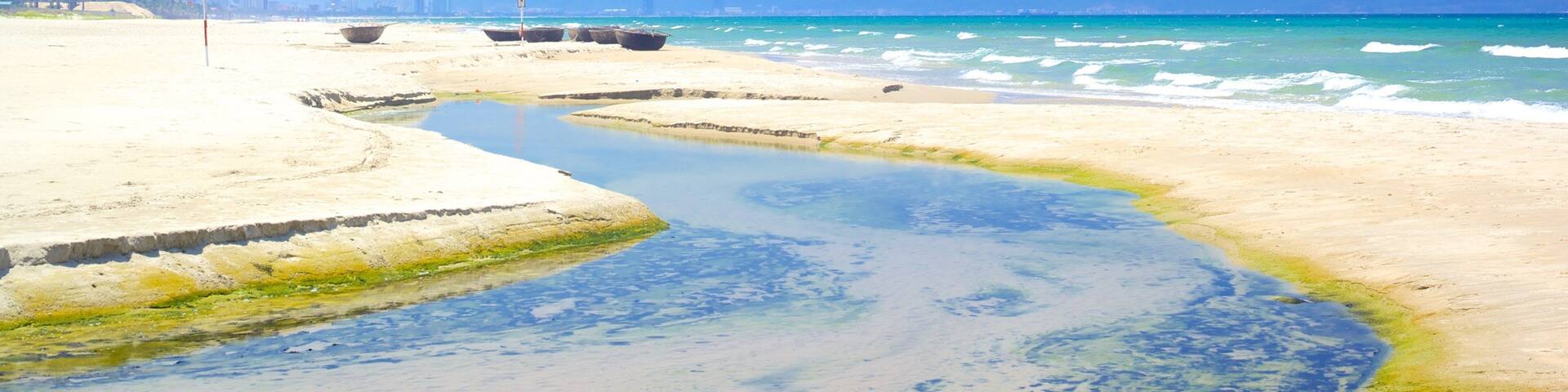 A beach with clear blue water, a small stream, and distant mountains.