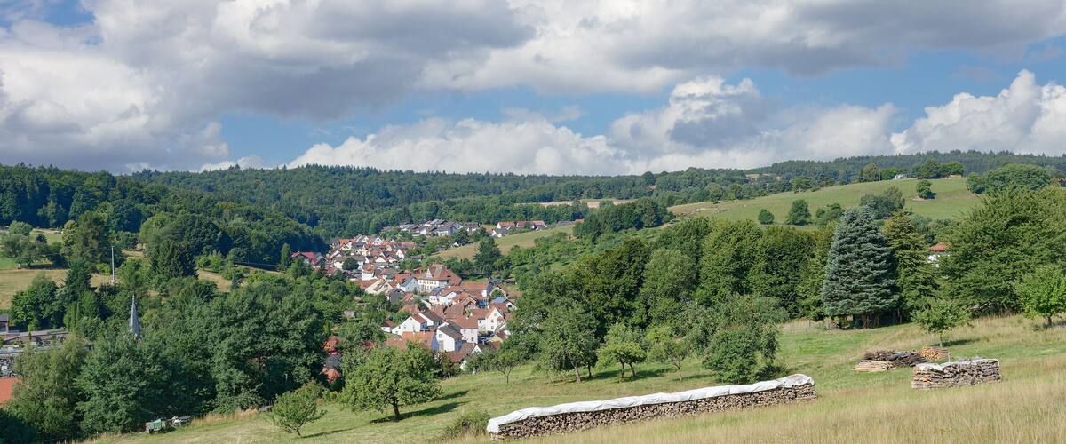A village nestled in a valley with rolling hills and scattered trees.