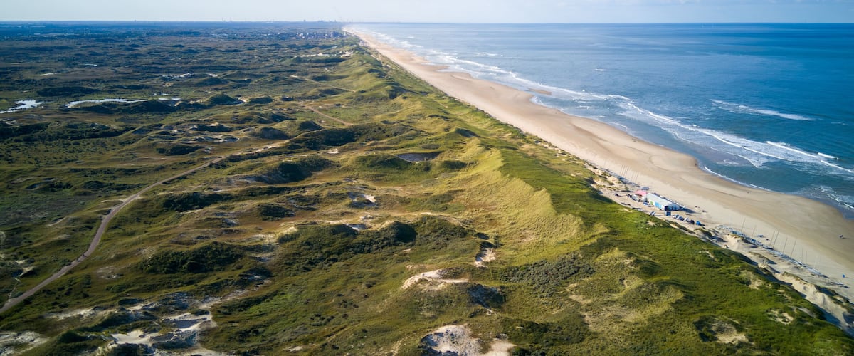 An aerial view of a coastal landscape with a sandy beach, grassy dunes, and a clear blue sky.