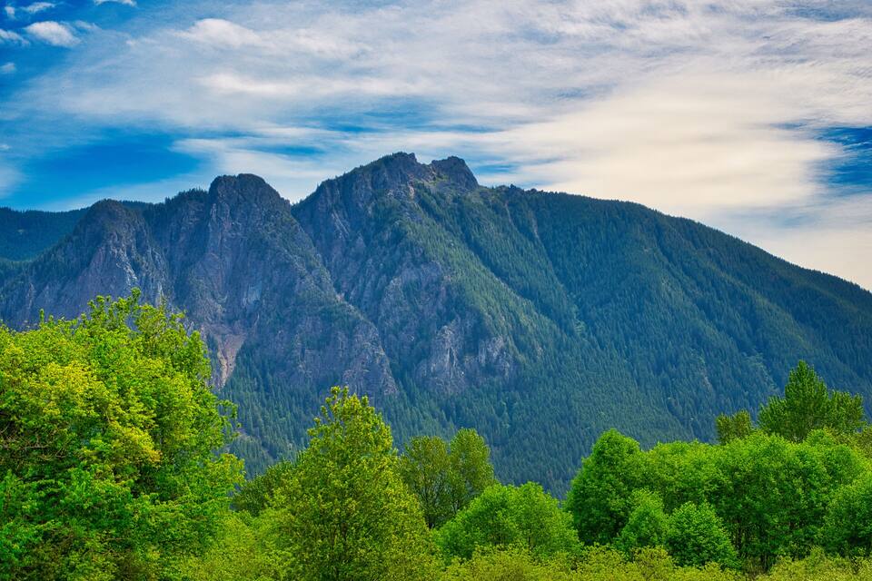A mountain range with dense forested areas in the foreground.