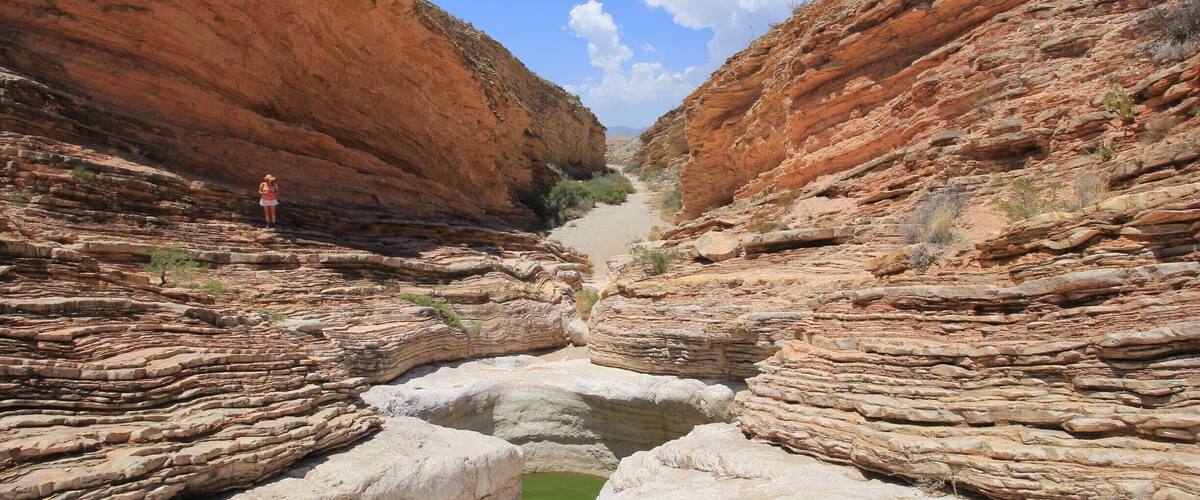 A canyon with layered rock formations and a small green pool.