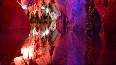 A cave with stalactites and stalagmites, illuminated by colorful lights.