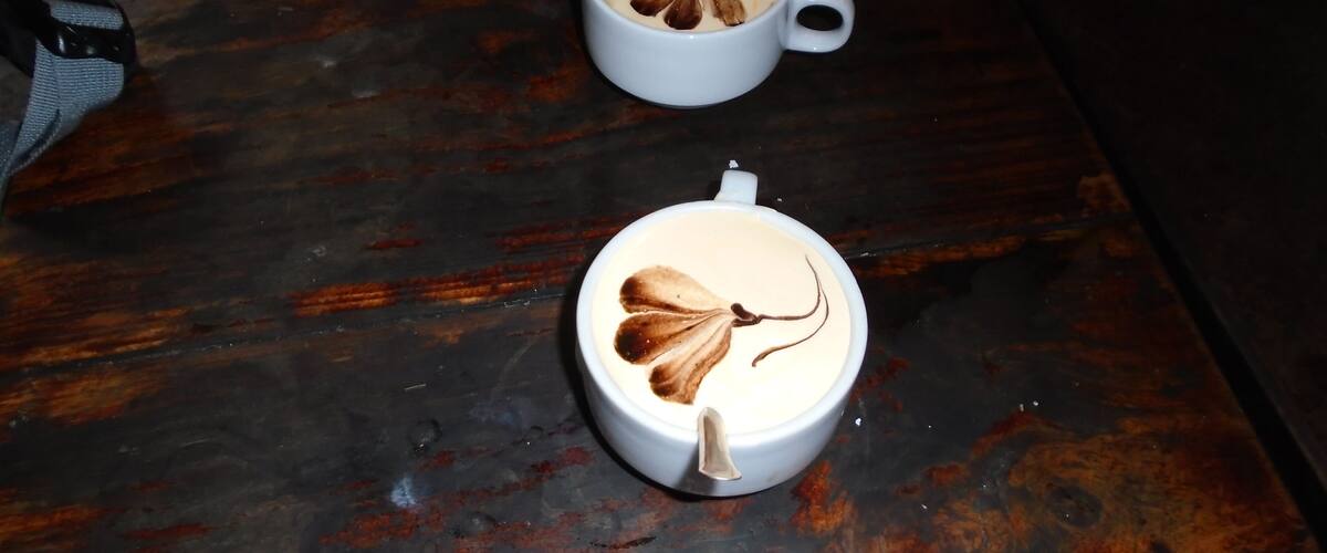 Two cups of coffee with latte art on a wooden table.