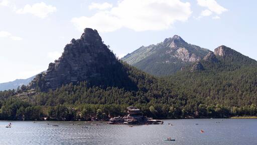 Close-up photo of stone mountain on Lake Borovoe