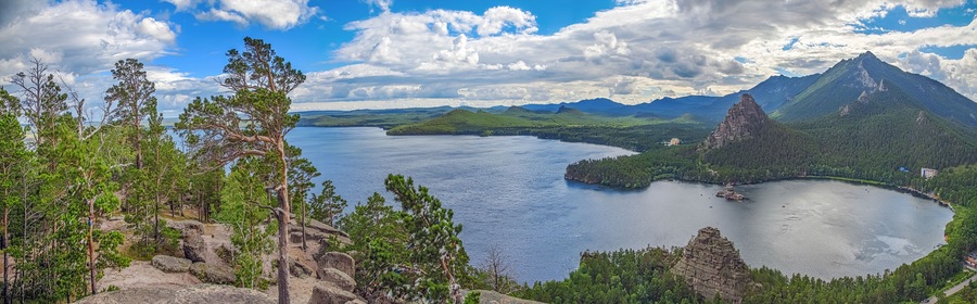 Panoramic view from the mountain top of Lake Borovoye. Kazakhstan