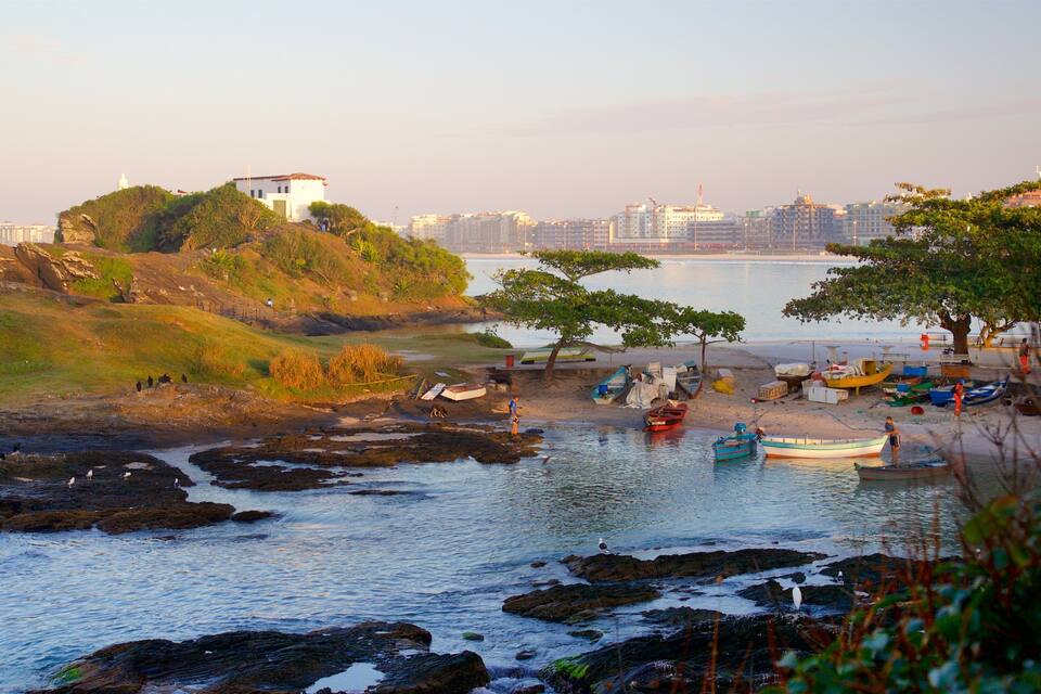 Cena costeira com barcos, margem rochosa, árvores e um horizonte com prédios ao longe.