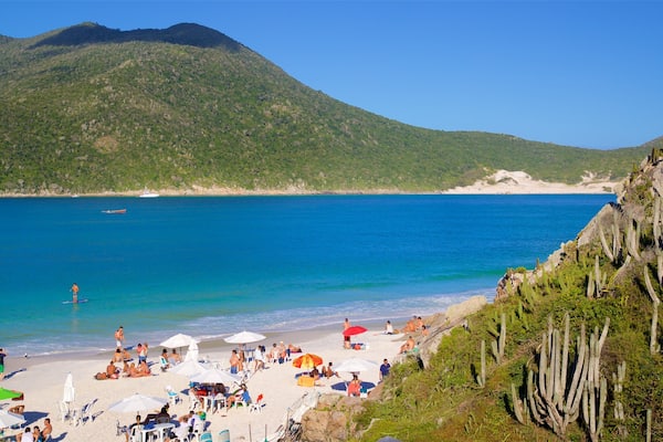 Une plage avec des gens, des parasols et une montagne en arrière-plan.
