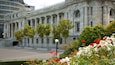 Wellington Parliament showing a square or plaza, flowers and heritage architecture