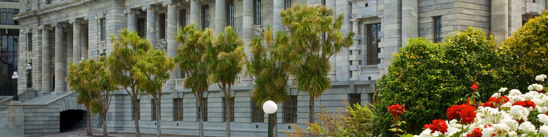 Wellington Parliament showing a square or plaza, flowers and heritage architecture