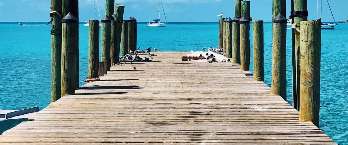 A wooden pier extending into turquoise water with sailboats in the distance and seagulls perched on the posts.