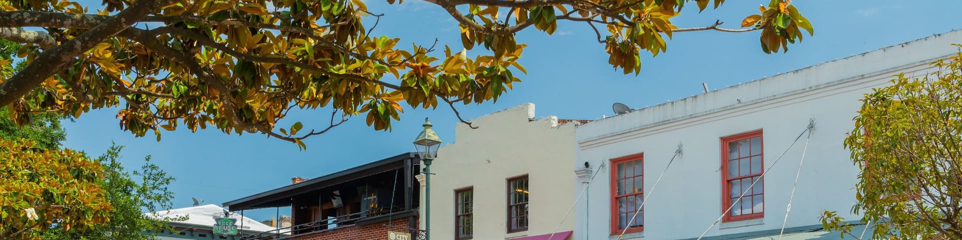A bustling street with a vintage carriage, a City Market, and various shops.