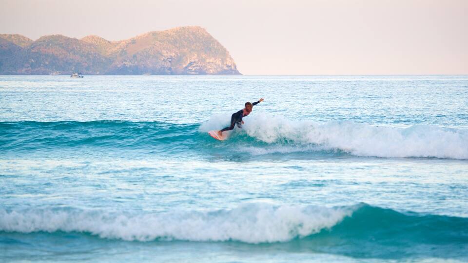 Un surfeur surfe sur une vague, avec des montagnes en arrière-plan.