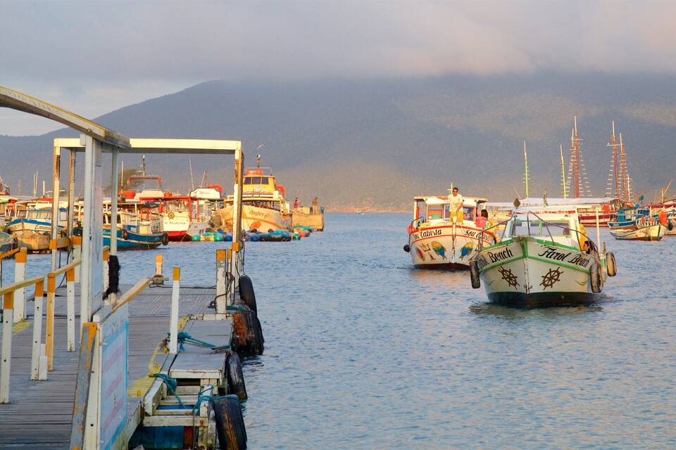 Marina com vários barcos atracados, um cais e montanhas ao fundo.