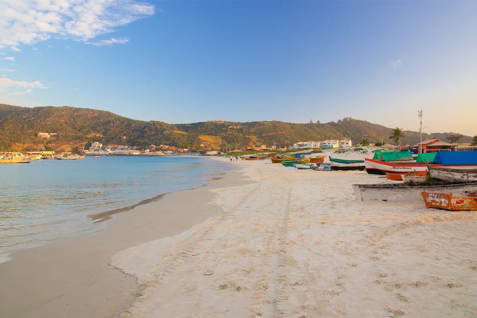 A beach with boats, a sandy shore, and hills in the background.